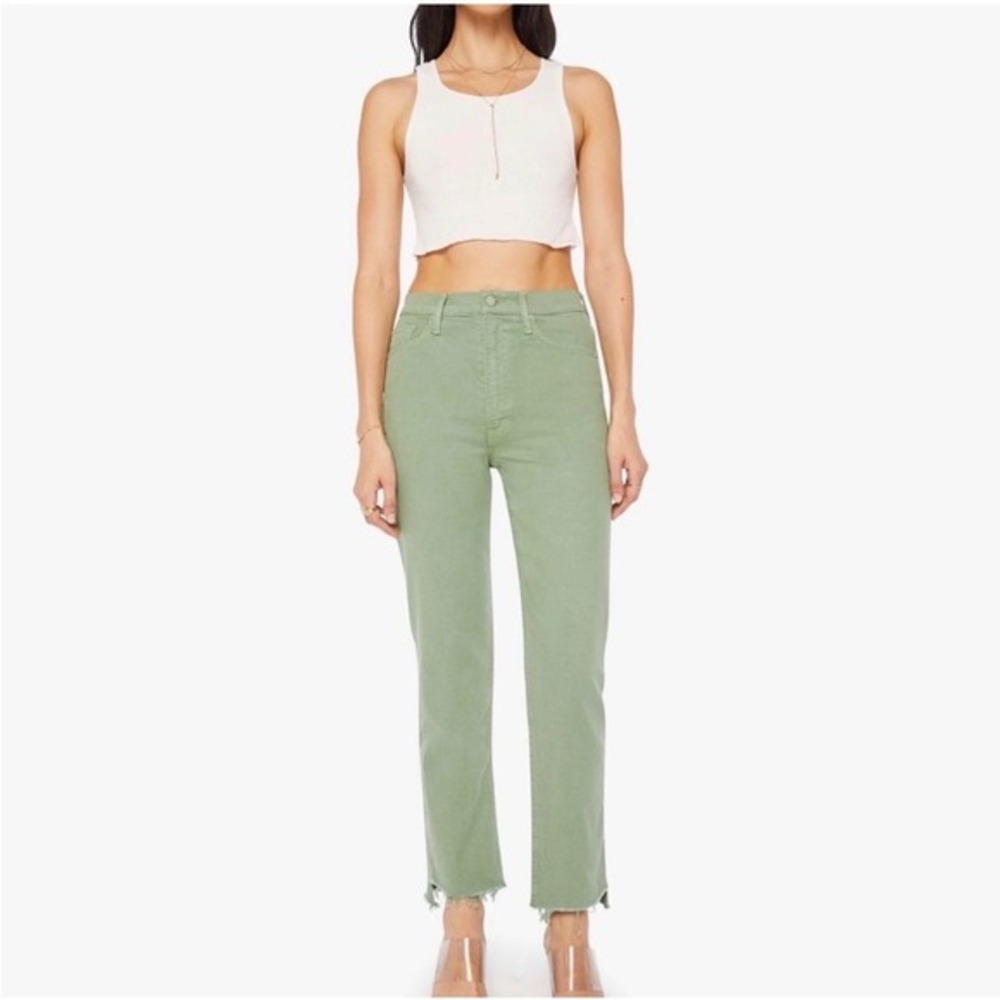 MOTHER The High Waisted Rider Ankle Jeans Step Fray Mistletoe Green Size 27